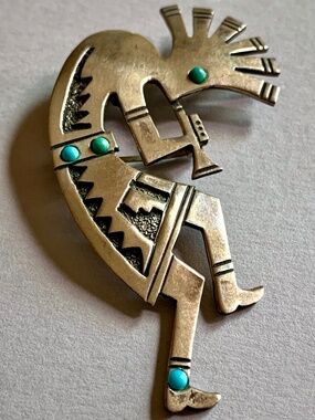 Vintage Sterling Silver Turquoise Kokopelli Brooch Pendant Southwestern Santa Fe